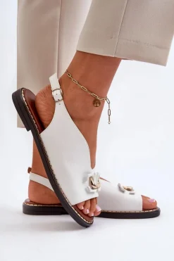 Boto Sandały Damskie Na Płaskim Obcasie Z Ozdobą Białe Loraeleh