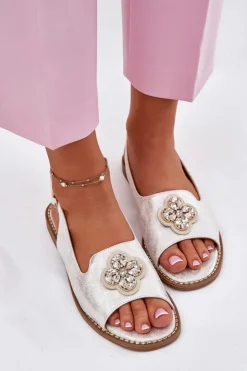 Damskie Damskie buty S.Barski Sandały Damskie Na Płaskim Obcasie Z Ozdobnym Detalem S.Barski KV51-080 Srebrne