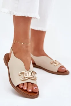 Discount Evento Sandały Damskie Na Płaskim Obcasie Ze Złotą Ozdobą Beżowe Amelira Beżowy