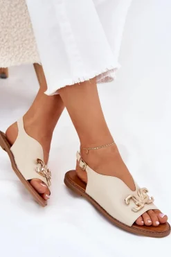 Discount Evento Sandały Damskie Na Płaskim Obcasie Ze Złotą Ozdobą Beżowe Amelira Beżowy