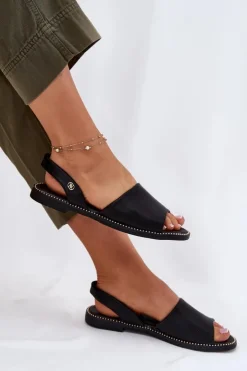 Damskie Evento Sandały Damskie Na Płaskim Obcasie Eko Skórzane Czarne Dereka