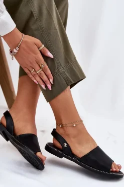 Damskie Evento Sandały Damskie Na Płaskim Obcasie Eko Skórzane Czarne Dereka