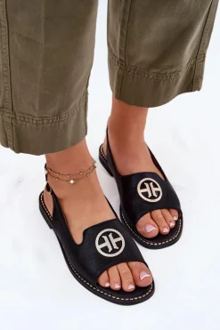 Damskie buty S.Barski Sandały Damskie Na Płaskim Obcasie Z Ozdobą S.Barski KV51-002 Czarne Czarny