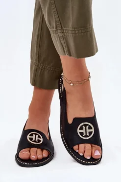 Damskie buty S.Barski Sandały Damskie Na Płaskim Obcasie Z Ozdobą S.Barski KV51-002 Czarne Czarny