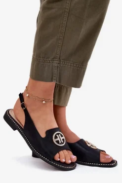 Damskie buty S.Barski Sandały Damskie Na Płaskim Obcasie Z Ozdobą S.Barski KV51-002 Czarne Czarny