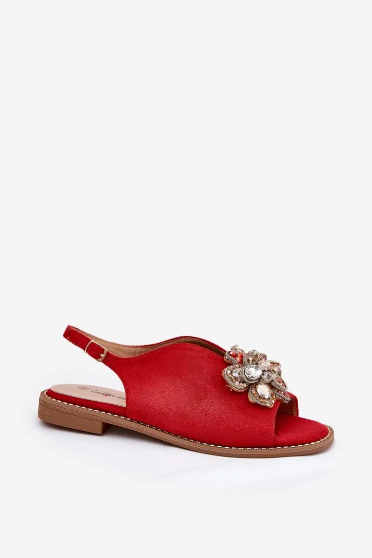 Online Damskie buty S.Barski Sandały Damskie Na Płaskim Obcasie Z Ozdobą S.Barski KV27-001 Czerwone Czerwony