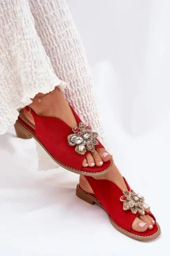 Online Damskie buty S.Barski Sandały Damskie Na Płaskim Obcasie Z Ozdobą S.Barski KV27-001 Czerwone Czerwony
