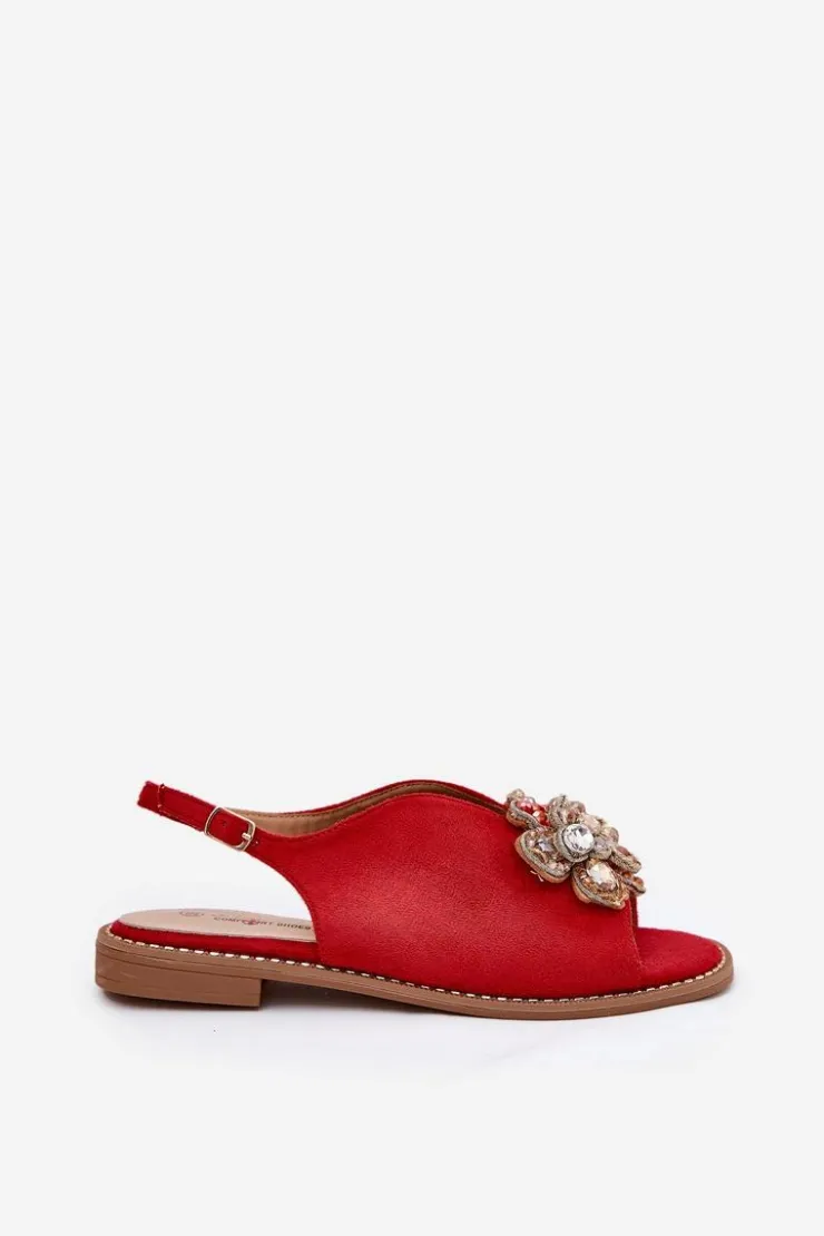 Online Damskie buty S.Barski Sandały Damskie Na Płaskim Obcasie Z Ozdobą S.Barski KV27-001 Czerwone Czerwony