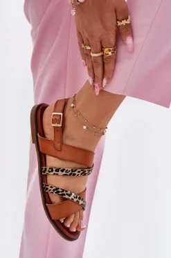 Outlet Buty Sergio Leone Sandały Damskie Na Płaskim Obcasie Z Paskami Panterka Sergio Leone SK086H Camel