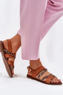 Outlet Buty Sergio Leone Sandały Damskie Na Płaskim Obcasie Z Paskami Panterka Sergio Leone SK086H Camel