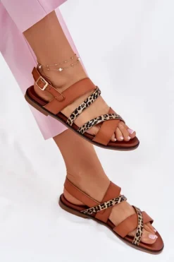 Outlet Buty Sergio Leone Sandały Damskie Na Płaskim Obcasie Z Paskami Panterka Sergio Leone SK086H Camel