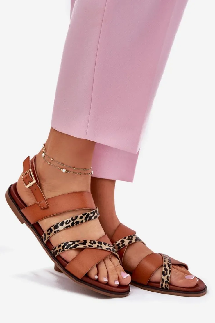 Outlet Buty Sergio Leone Sandały Damskie Na Płaskim Obcasie Z Paskami Panterka Sergio Leone SK086H Camel