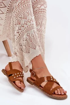 Discount Boto Sandały Damskie Na Płaskim Obcasie Ze Złotymi Ćwiekami Camel Zanira Brązowy