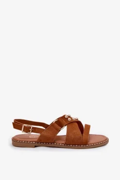 Discount Boto Sandały Damskie Na Płaskim Obcasie Ze Złotymi Ćwiekami Camel Zanira Brązowy