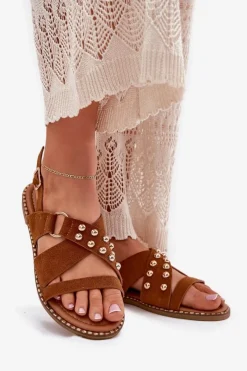 Discount Boto Sandały Damskie Na Płaskim Obcasie Ze Złotymi Ćwiekami Camel Zanira Brązowy