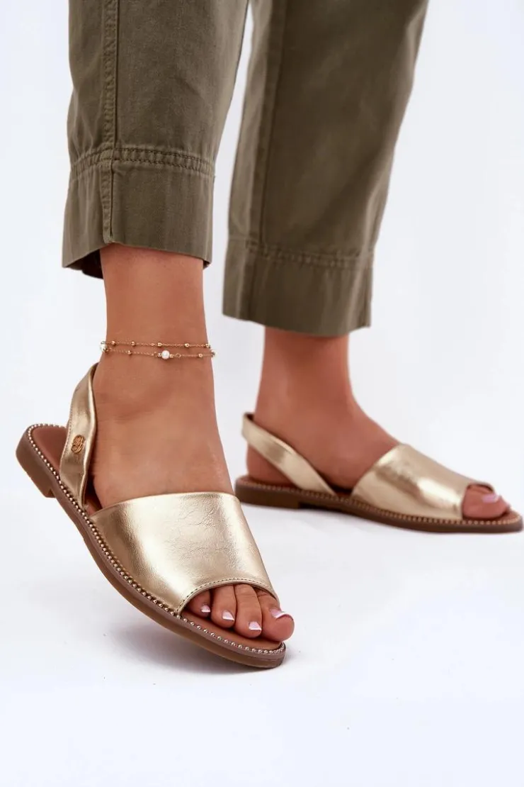 Evento Sandały Płaskie*Sandały Damskie Na Płaskim Obcasie Eko Skórzane Złote Dereka Złoty