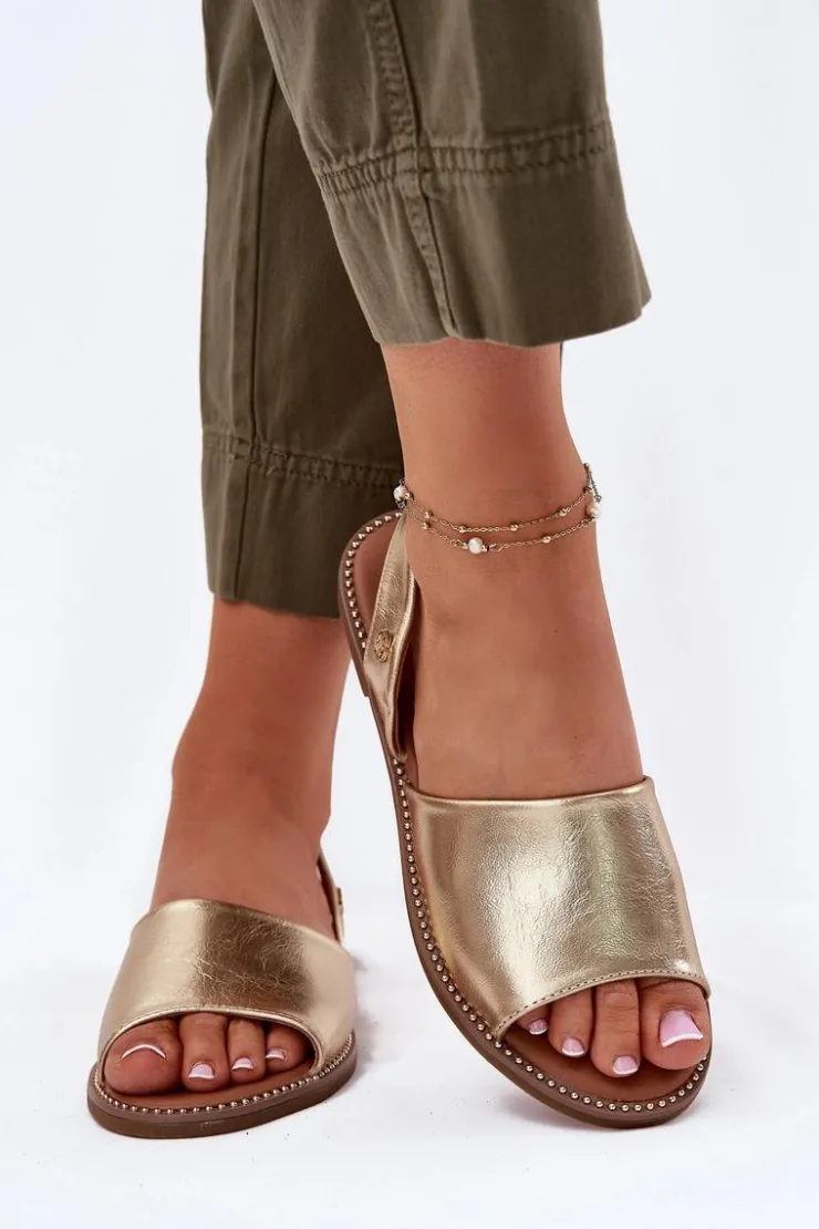 Evento Sandały Płaskie*Sandały Damskie Na Płaskim Obcasie Eko Skórzane Złote Dereka Złoty