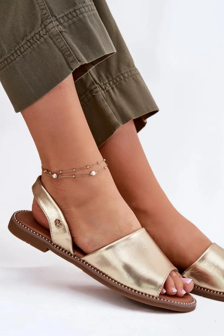 Evento Sandały Płaskie*Sandały Damskie Na Płaskim Obcasie Eko Skórzane Złote Dereka Złoty