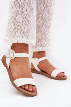 Clearance Boto Sandały Damskie Na Płaskim Obcasie Eko Skórzane Białe Kivara