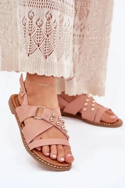 Boto Sandały Płaskie*Sandały Damskie Na Płaskim Obcasie Ze Złotymi Ćwiekami Różowe Zanira Różowy