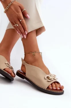 Damskie Boto Sandały Damskie Na Płaskim Obcasie Z Ozdobą Beżowe Loraeleh