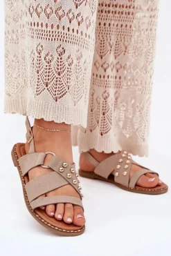 Outlet Boto Sandały Damskie Na Płaskim Obcasie Ze Złotymi Ćwiekami Beżowe Zanira Beżowy