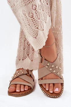 Outlet Boto Sandały Damskie Na Płaskim Obcasie Ze Złotymi Ćwiekami Beżowe Zanira Beżowy