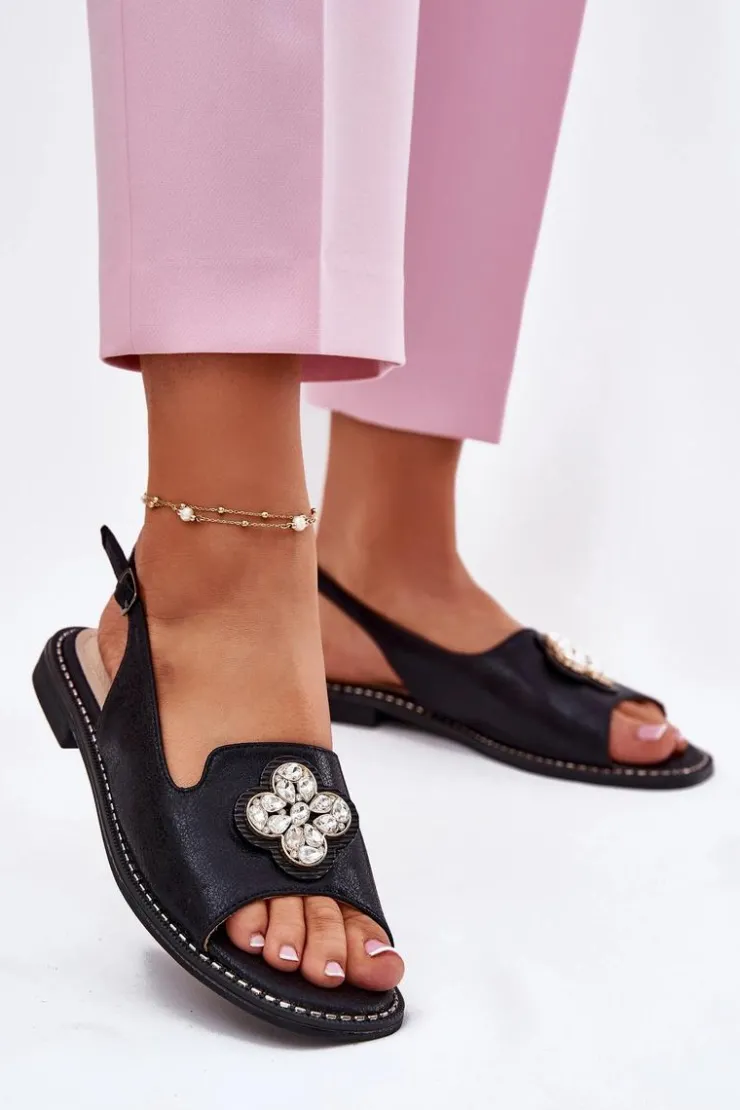 Damskie buty S.Barski Sandały Płaskie*Sandały Damskie Na Płaskim Obcasie Z Ozdobnym Detalem S.Barski KV51-080 Czarne Czarny