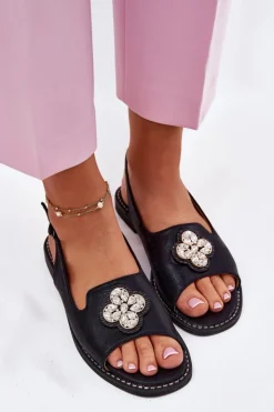 Damskie buty S.Barski Sandały Płaskie*Sandały Damskie Na Płaskim Obcasie Z Ozdobnym Detalem S.Barski KV51-080 Czarne Czarny