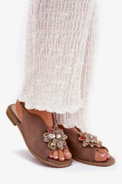 Damskie buty S.Barski Sandały Z Cholewką|Sandały Płaskie*Sandały Damskie Na Płaskim Obcasie Z Ozdobą S.Barski KV27-001 Ciemnobeżowe Beżowy