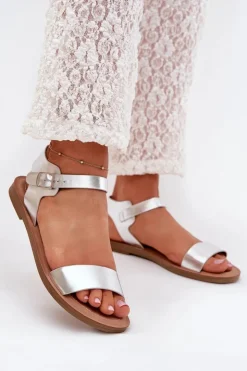 Boto Sandały Damskie Na Płaskim Obcasie Eko Skórzane Srebrne Kivara Srebrny