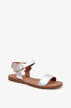 Boto Sandały Damskie Na Płaskim Obcasie Eko Skórzane Srebrne Kivara Srebrny