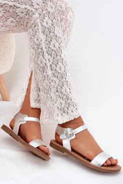 Boto Sandały Damskie Na Płaskim Obcasie Eko Skórzane Srebrne Kivara Srebrny