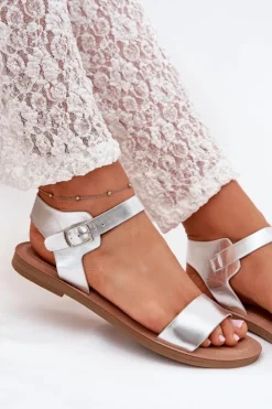 Boto Sandały Damskie Na Płaskim Obcasie Eko Skórzane Srebrne Kivara Srebrny