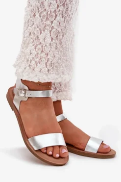 Boto Sandały Damskie Na Płaskim Obcasie Eko Skórzane Srebrne Kivara Srebrny