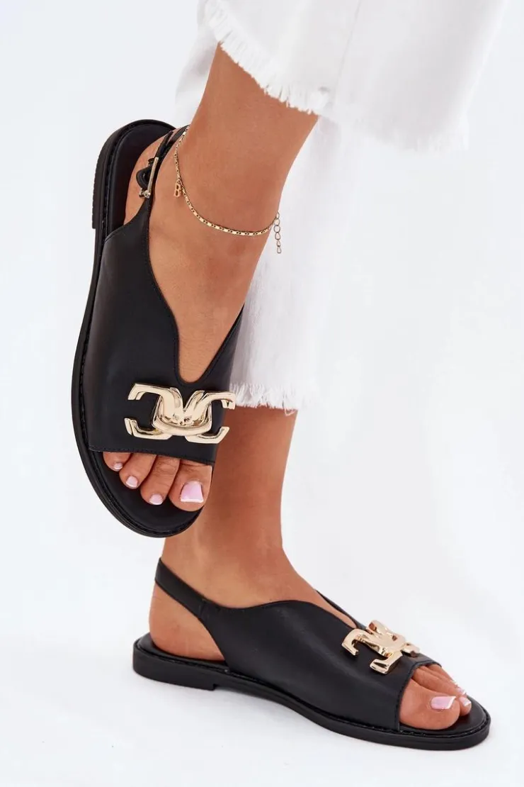 Evento Sandały Płaskie*Sandały Damskie Na Płaskim Obcasie Ze Złotą Ozdobą Czarne Amelira Czarny