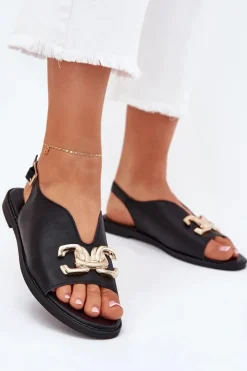Evento Sandały Płaskie*Sandały Damskie Na Płaskim Obcasie Ze Złotą Ozdobą Czarne Amelira Czarny