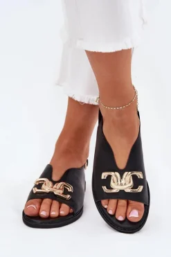 Evento Sandały Płaskie*Sandały Damskie Na Płaskim Obcasie Ze Złotą Ozdobą Czarne Amelira Czarny