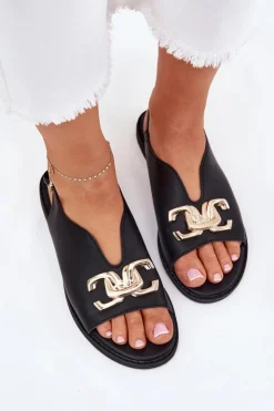 Evento Sandały Płaskie*Sandały Damskie Na Płaskim Obcasie Ze Złotą Ozdobą Czarne Amelira Czarny