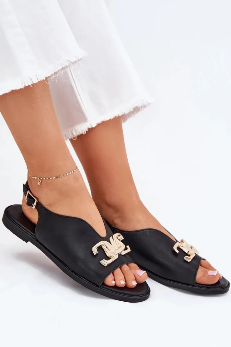 Evento Sandały Płaskie*Sandały Damskie Na Płaskim Obcasie Ze Złotą Ozdobą Czarne Amelira Czarny
