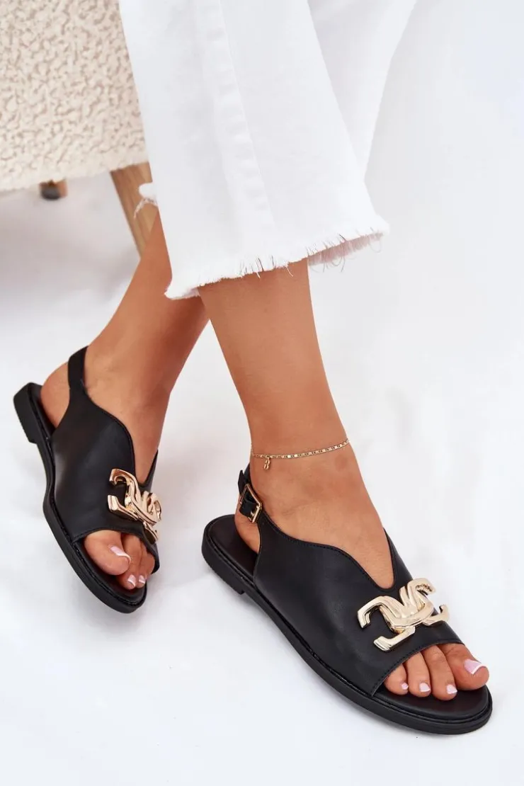 Evento Sandały Płaskie*Sandały Damskie Na Płaskim Obcasie Ze Złotą Ozdobą Czarne Amelira Czarny