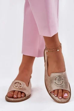 Damskie buty S.Barski Sandały Damskie Na Płaskim Obcasie Z Ozdobą S.Barski KV51-002 Różowe Złoto Złoty