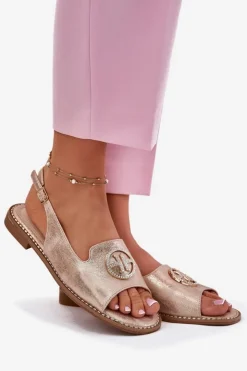 Damskie buty S.Barski Sandały Damskie Na Płaskim Obcasie Z Ozdobą S.Barski KV51-002 Różowe Złoto Złoty