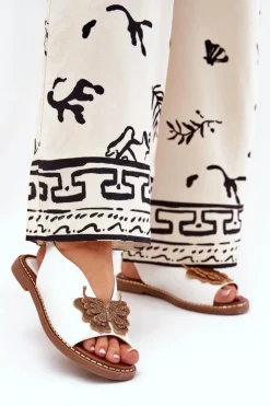 Damskie Boto Sandały Damskie Na Płaskim Obcasie Z Ozdobą Białe Setorina