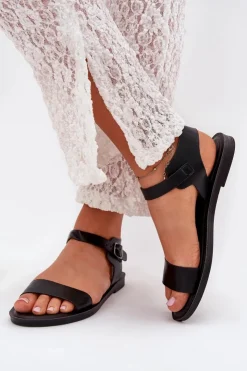 Boto Sandały Płaskie*Sandały Damskie Na Płaskim Obcasie Eko Skórzane Czarne Kivara