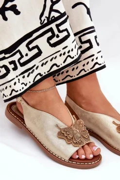 Sale Boto Sandały Damskie Na Płaskim Obcasie Z Ozdobą Złote Setorina Złoty