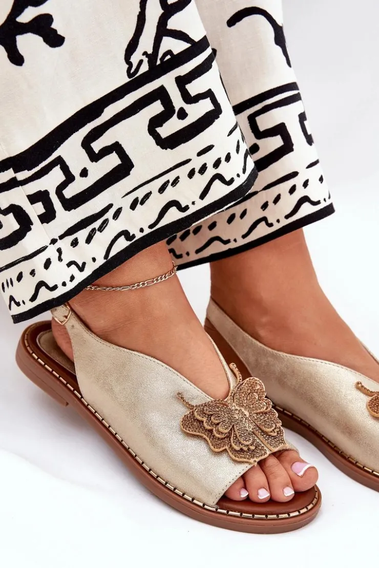 Sale Boto Sandały Damskie Na Płaskim Obcasie Z Ozdobą Złote Setorina Złoty