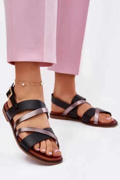 Damskie Buty Sergio Leone Sandały Damskie Na Płaskim Obcasie Z Paskami Sergio Leone SK086H Czarne