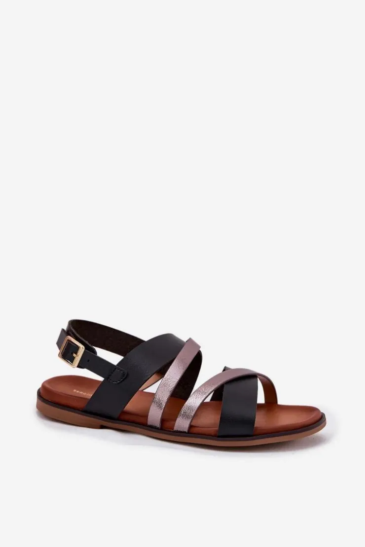 Damskie Buty Sergio Leone Sandały Damskie Na Płaskim Obcasie Z Paskami Sergio Leone SK086H Czarne