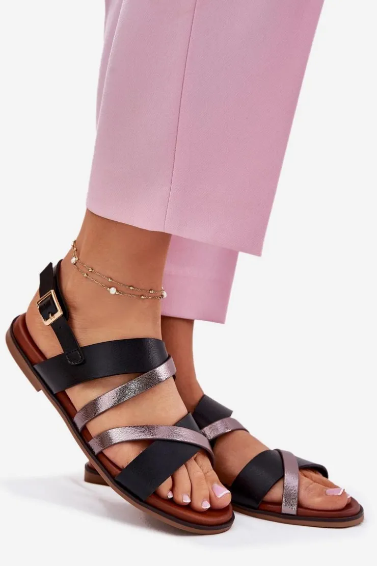 Damskie Buty Sergio Leone Sandały Damskie Na Płaskim Obcasie Z Paskami Sergio Leone SK086H Czarne